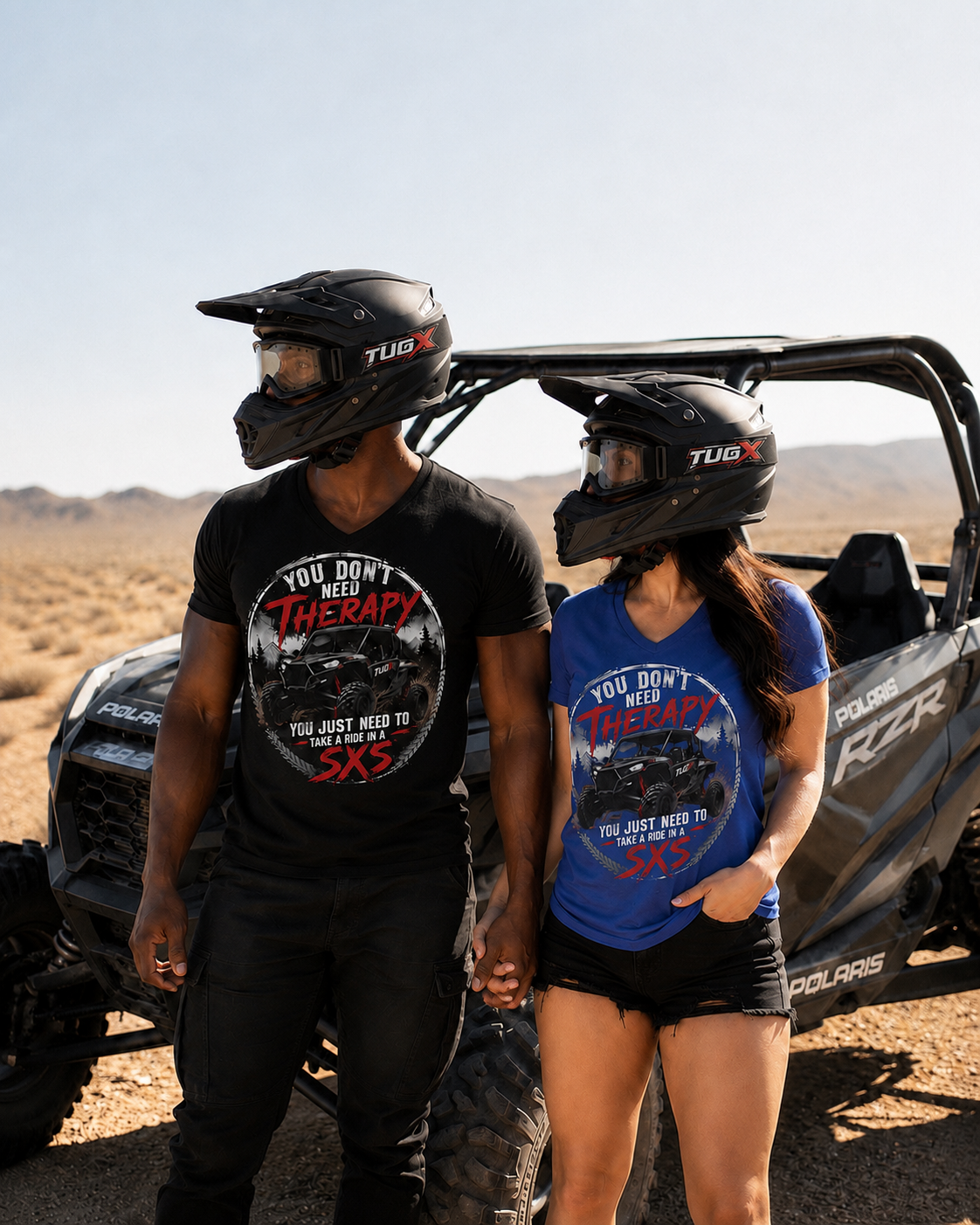 TUGx Unisex Jersey Short Sleeve V-Neck Tee “You don’t need therapy, you just need to take a ride in a SXS”